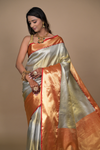 Grey Woven Zari  Banarasi Silk Designer Saree With Unstitched Blouse