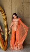 Orange Foil Chiffon Short Top Sharara Set With Net Dupatta (Ft:-Ankita Raghav Arora)