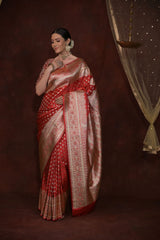 Red Banarasi Silk Woven Zari Saree With Unstitched Blouse