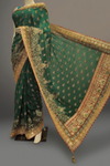 Bottle Green Crepe Embriodered Saree With Unstitched Blouse