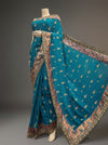Rama Crepe Embroidered Saree With Unstitched Blouse