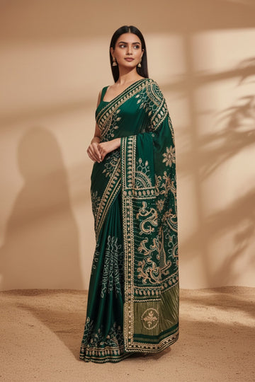 Bottle Green Gajji Silk Saree With Unstitched Blouse