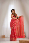 Red Woven Zari Banarasi Silk Saree With Unstitched Blouse (Ft:-Arti Chauhan)