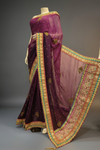 Wine Georgette Embroidered Saree With Unstitched Blouse