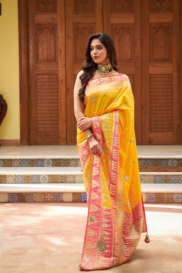 Mango Gold Banarasi Silk Woven Zari Saree With Unstitched Blouse