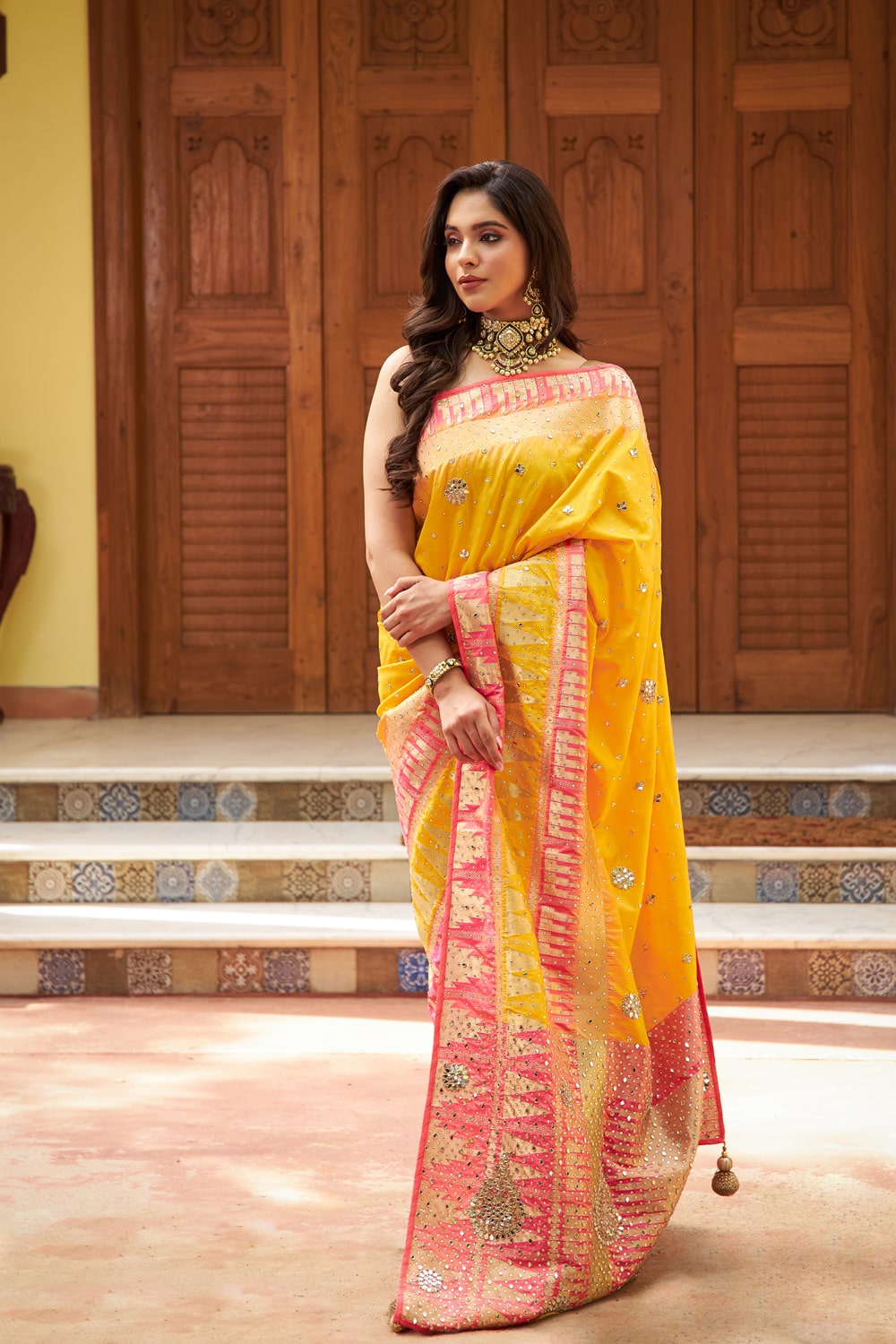 Mango Gold Banarasi Silk Woven Zari Saree With Unstitched Blouse