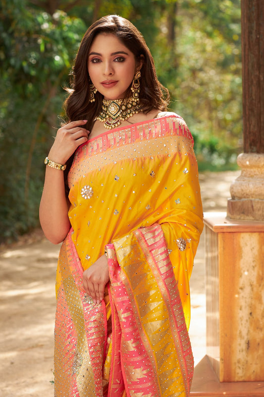 Mango Gold Banarasi Silk Woven Zari Saree With Unstitched Blouse