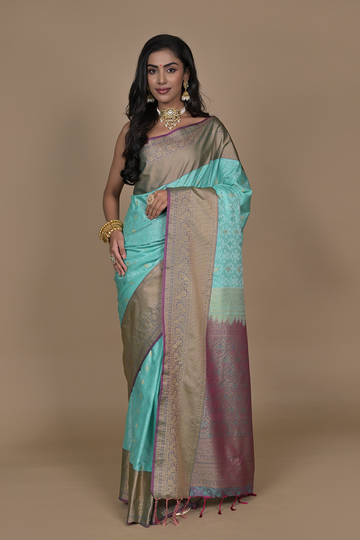 Tea-green Banarasi Woven Zari Banarasi Silk Saree With Unstitched Blouse