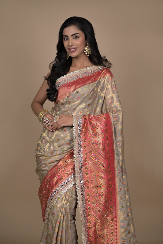 Tussar Mirror, Sequence, & Dabka Organza Designer Saree With Unstitched Blouse