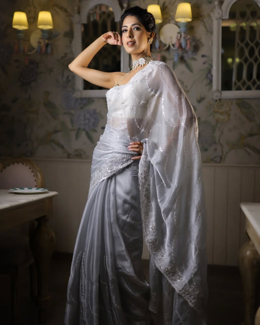 Grey Sequence, Bead, Cutdana & Threadwork Designer Organza Saree With Unstitched Blouse(Ft:-Aishwarya Sakhuja Nag)