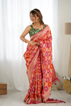 Orange Rani Satin Banarasi Woven Zari Saree With Unstitched Blouse (Ft:-Arti Chauhan)