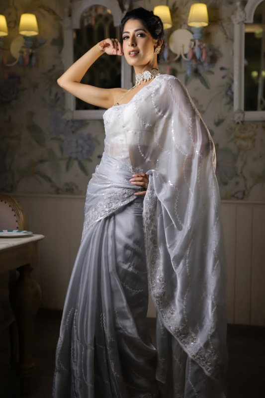 Grey Sequence, Bead, Cutdana & Threadwork Designer Organza Saree With Unstitched Blouse(Ft:-Aishwarya Sakhuja Nag)