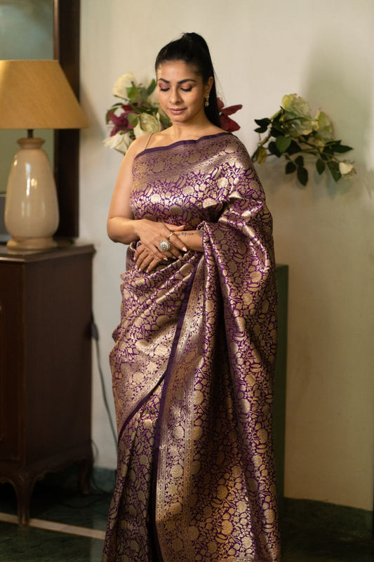 Purple Banarasi Silk Woven Zari Saree With Unstitched Blouse(Ft:-Tanishaa Mukerji)