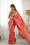 Orange Rani Satin Banarasi Woven Zari Saree With Unstitched Blouse (Ft:-Arti Chauhan)