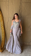 Grey Lycra Pre-Draped Designer Saree With Readymade Blouse (Ft:-Samiksha Thombare & Ankita Raghav Arora))