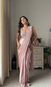 Peach Lycra Pre-Draped Designer Saree With Readymade Blouse (Ft. Swati Rathi)