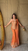 Orange Foil Chiffon Short Top Sharara Set With Net Dupatta (Ft:-Ankita Raghav Arora)