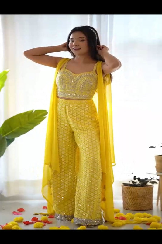 Lemon Gold Georgette Short Top Sharara Set With Shrug (Ft:-Arti Chauhan)