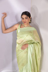 Pista Organza Tissue Swarovski Saree With Unstitched Blouse