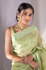 Pista Organza Tissue Swarovski Saree With Unstitched Blouse