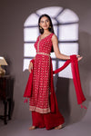 Red Georgette Readymade Sharara Set With Georgette Dupatta