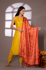 Mustard Chanderi Cotton Readymade Suit With Chiffon Dupatta