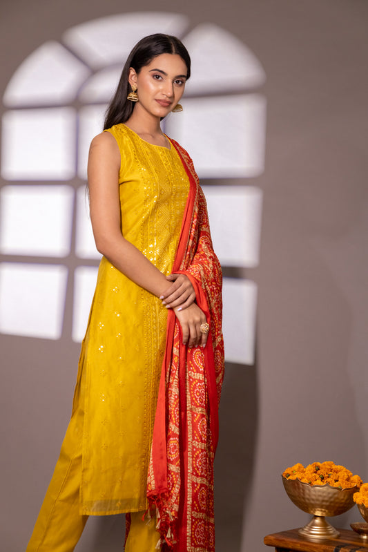 Mustard Chanderi Cotton Readymade Suit With Chiffon Dupatta