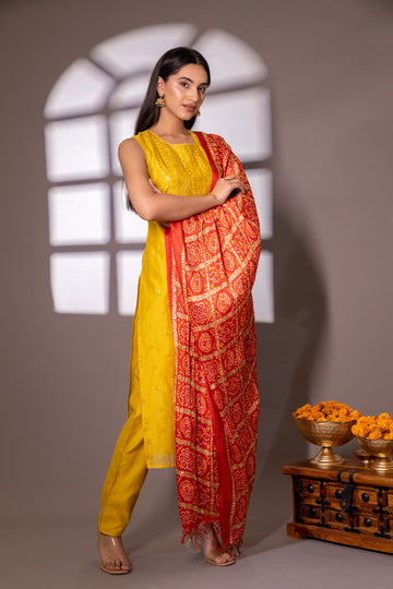 Mustard Chanderi Cotton Readymade Suit And Pant With Chiffon Dupatta