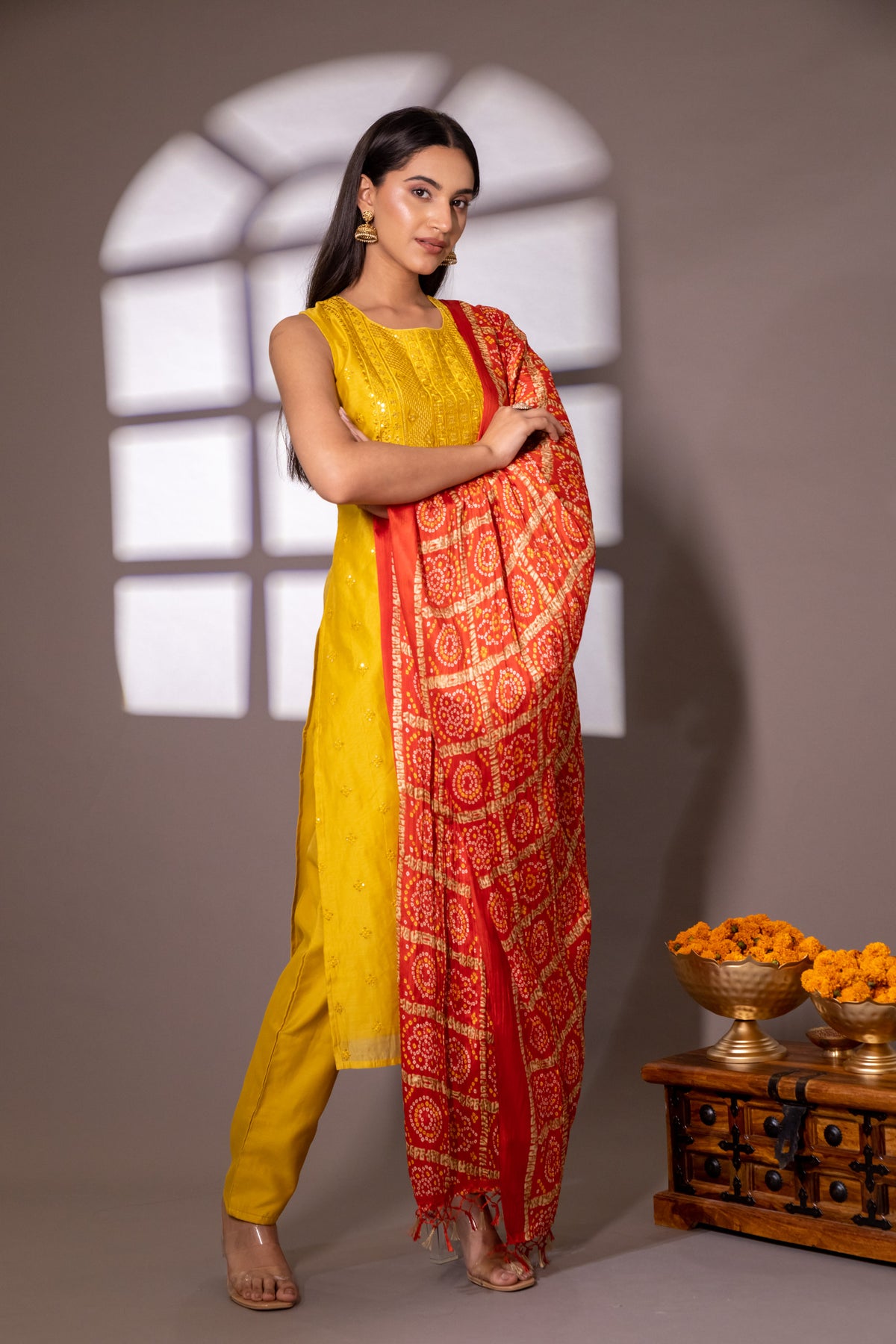 Mustard Chanderi Cotton Readymade Suit With Chiffon Dupatta