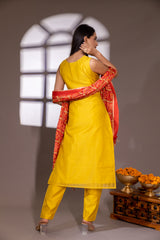 Mustard Chanderi Cotton Readymade Suit With Chiffon Dupatta