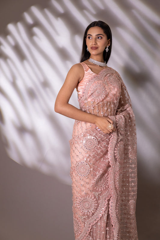 Onion Net Embroidered Swarovski Saree With Unstitched Blouse (Ft:-Gurleen Gambhir)