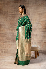 Bottle Green Banarasi Silk Woven Zari Saree With Unstitched Blouse