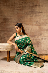 Bottle Green Banarasi Silk Woven Zari Saree With Unstitched Blouse