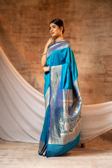 Firozi Banarasi Silk Woven Zari Saree With Unstitched Blouse