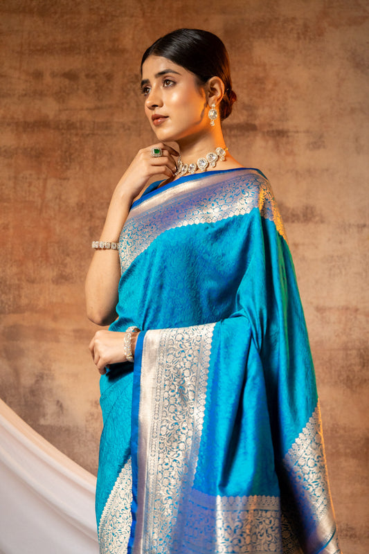 Firozi Banarasi Silk Woven Zari Saree With Unstitched Blouse