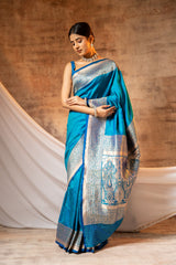 Firozi Banarasi Silk Woven Zari Saree With Unstitched Blouse