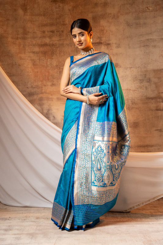 Firozi Banarasi Silk Woven Zari Saree With Unstitched Blouse