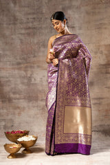 Purple Banarasi Silk Woven Zari Saree With Unstitched Blouse