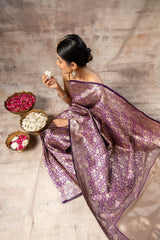 Purple Banarasi Silk Woven Zari Saree With Unstitched Blouse