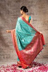 Dark Firozi Tissue Banarasi Woven Zari Saree With Unstitched Blouse