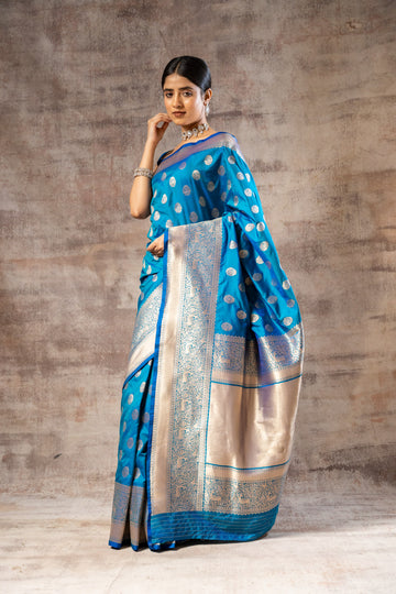 Dark Firozi Banarasi Silk Woven Zari Saree With Unstitched Blouse