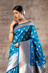 Dark Firozi Banarasi Silk Woven Zari Saree With Unstitched Blouse