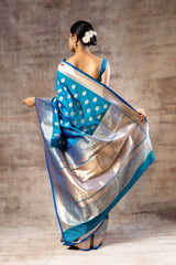 Dark Firozi Banarasi Silk Woven Zari Saree With Unstitched Blouse