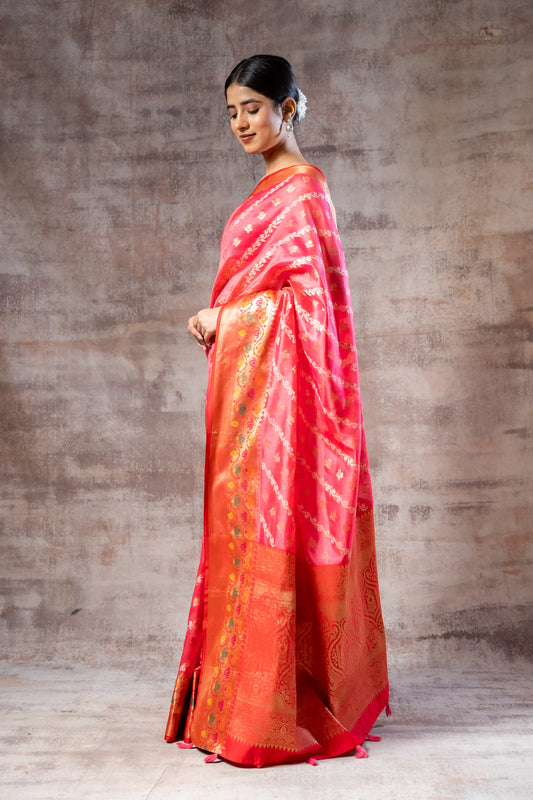 Coral Organza Banarasi Woven Zari Saree With Unstitched Blouse