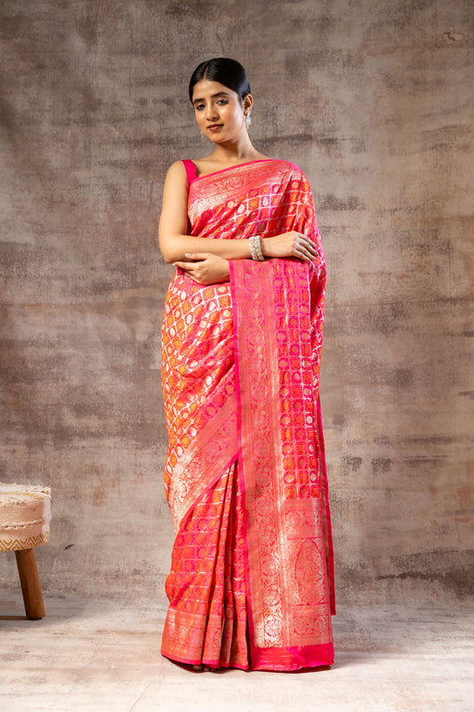 Rani Banarasi Silk Woven Zari Saree With Unstitched Blouse