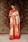 Off White Red Banarasi Silk Woven Zari Patola Print Saree With Unstitched Blouse