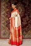 Off White Red Banarasi Silk Woven Zari Patola Print Saree With Unstitched Blouse