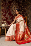 Off White Red Banarasi Silk Woven Zari Patola Print Saree With Unstitched Blouse