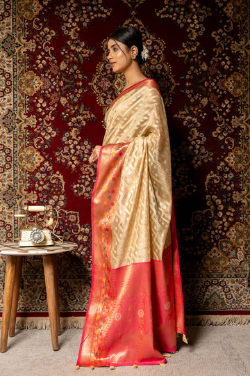 Tussar Organza Banarasi Woven Zari Saree With Unstitched Blouse