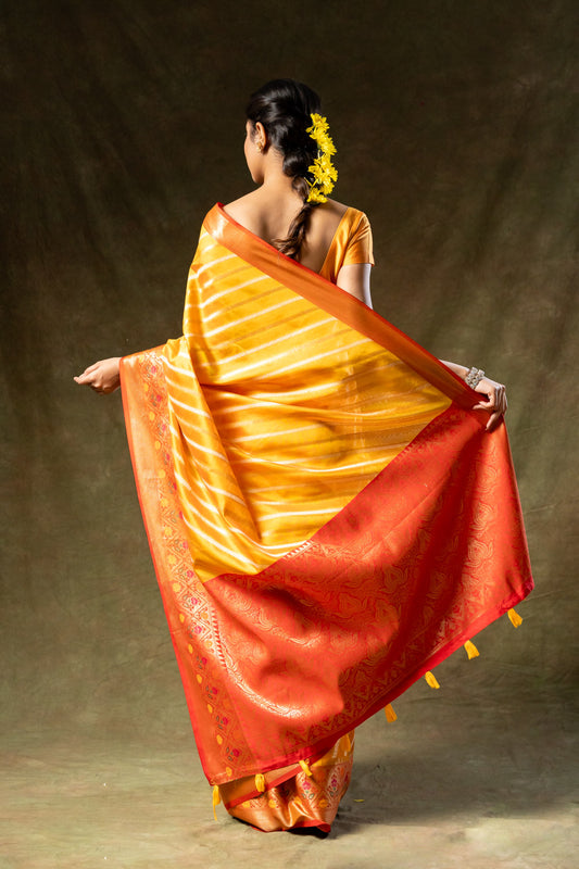 Mango Gold Organza Banarasi Woven Zari Saree With Unstitched Blouse